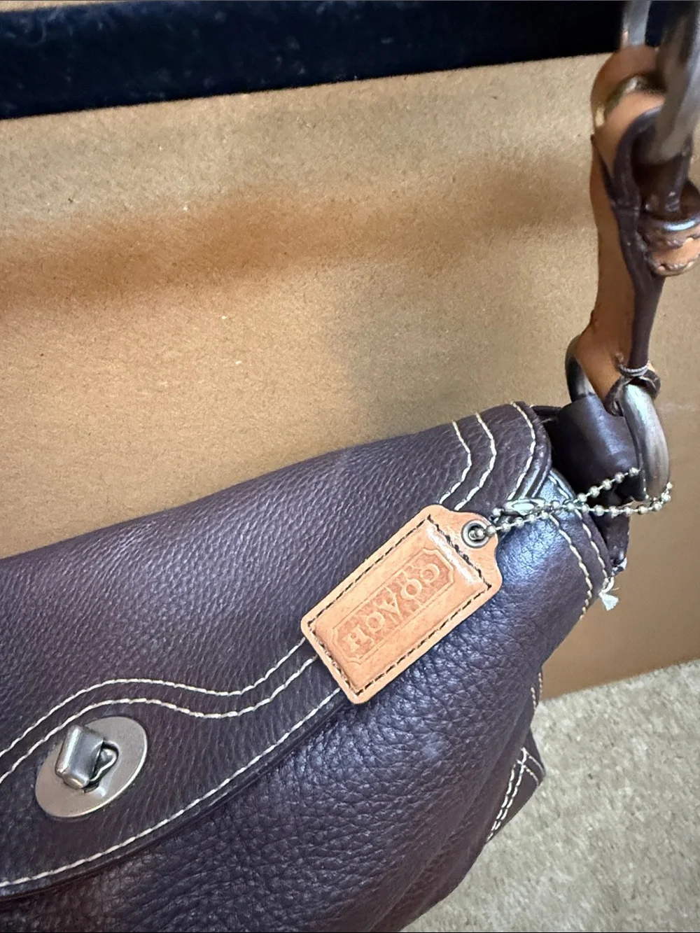 Coach Brown Pebbled Chelsea Leather Shoulder Bag with Contrast Stitching